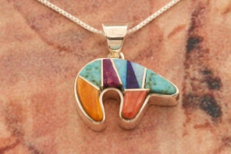 Calvin Begay Genuine Gemstones Sterling Silver Bear Pendant
